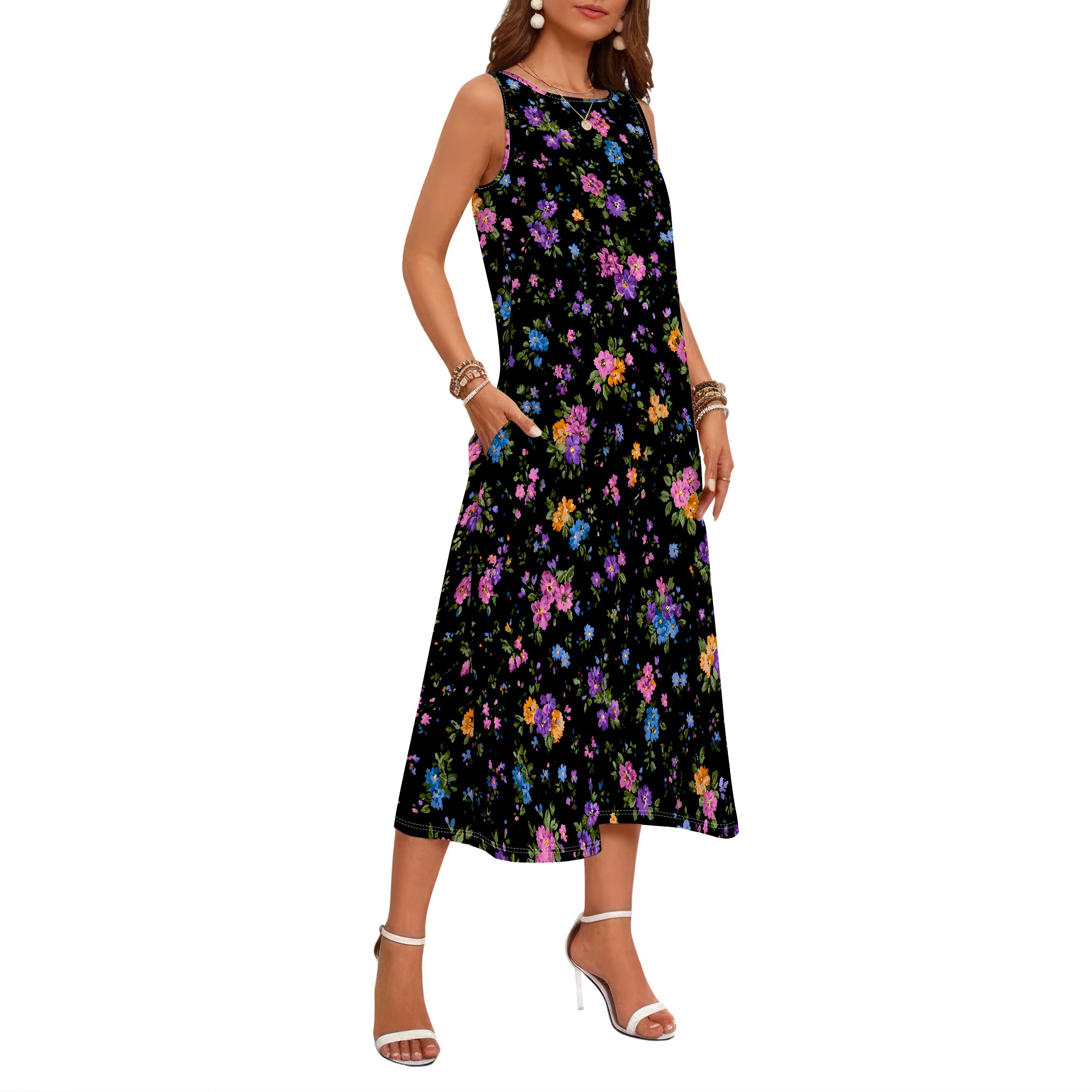 Floral Print Sleeveless Dress, - Sundress Midi Floral recension och pris