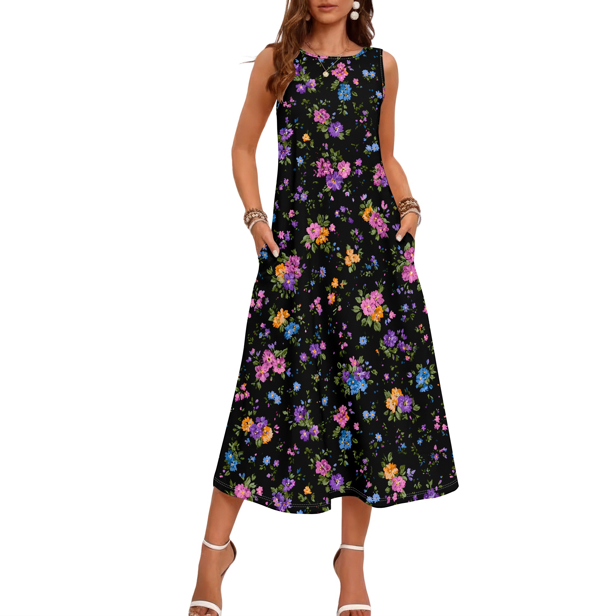 Floral Print Sleeveless Dress, - Sundress Midi Floral recension och pris